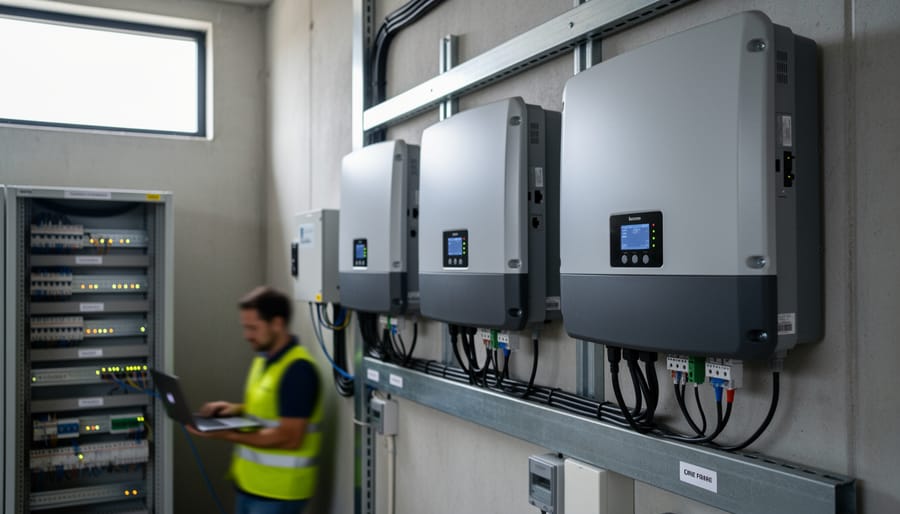 Close-up of solar inverter with network cables and digital communication ports