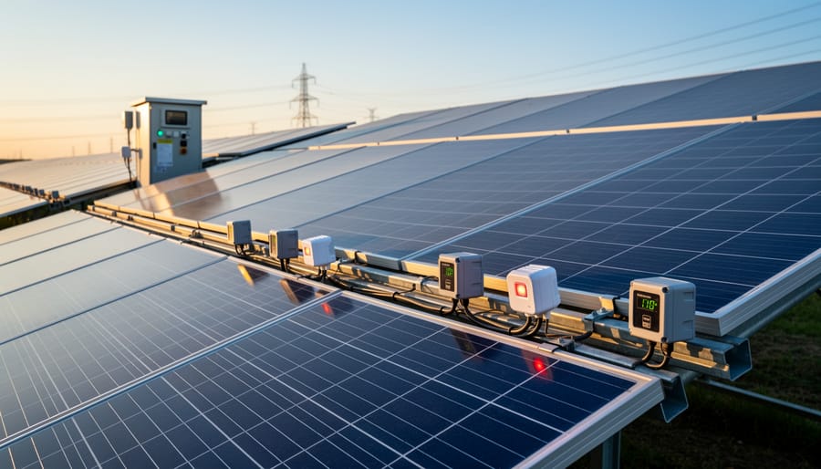 Solar panel array with IoT monitoring sensors attached to mounting structure