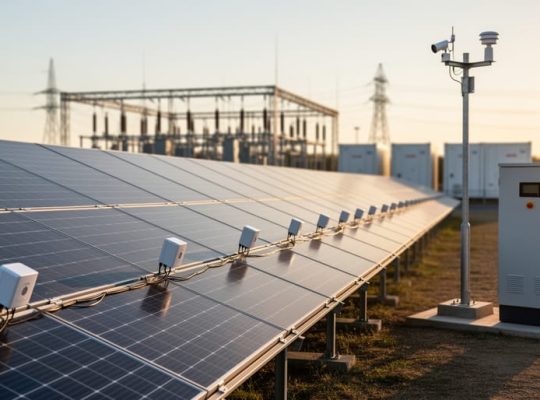 IoT sensor modules on solar panel frames and a small weather station beside an inverter cabinet at a utility-scale solar farm, with a substation and transmission towers softly blurred in the background at golden hour