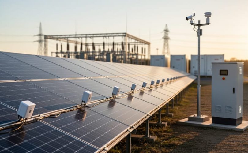IoT sensor modules on solar panel frames and a small weather station beside an inverter cabinet at a utility-scale solar farm, with a substation and transmission towers softly blurred in the background at golden hour