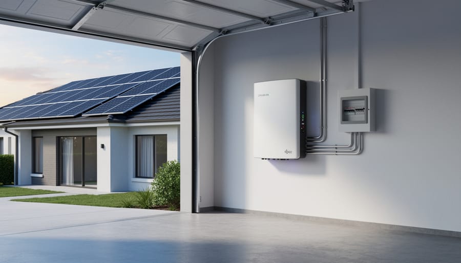 Wall-mounted lithium-ion battery storage system in residential garage