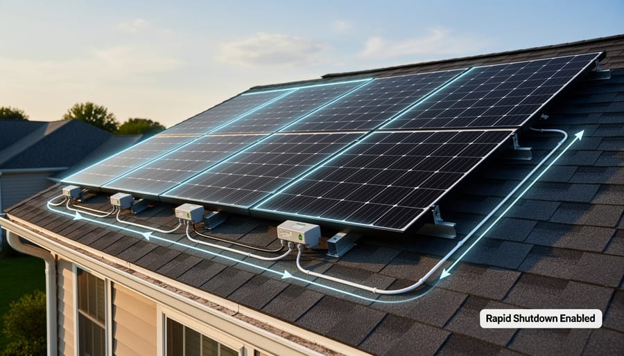 Close-up of microinverter mounted on solar panel frame showing safety components