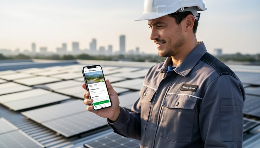 Solar installer using smartphone to access monitoring platform above solar panel installation