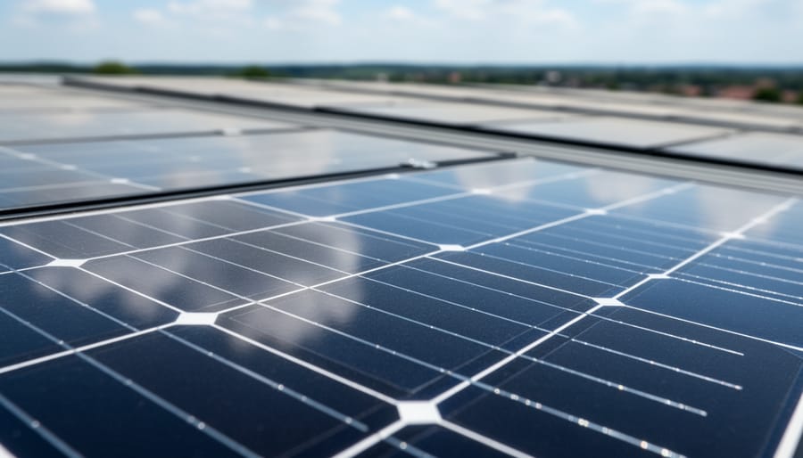 Close-up of monocrystalline solar cell wafer showing uniform crystalline structure