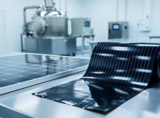 Monocrystalline solar panel section with square cells next to a flexible amorphous thin-film sheet unwinding from a roll on a clean factory bench, shot from a 45-degree angle above with soft diffused lighting and blurred crystal growth and deposition equipment in the background.