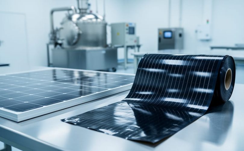 Monocrystalline solar panel section with square cells next to a flexible amorphous thin-film sheet unwinding from a roll on a clean factory bench, shot from a 45-degree angle above with soft diffused lighting and blurred crystal growth and deposition equipment in the background.