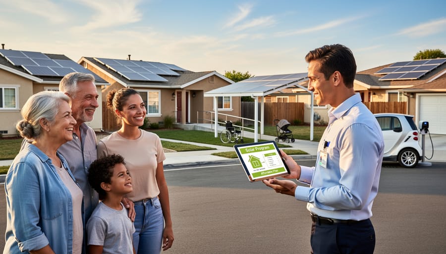 Multi-generational family reviewing solar energy information together at home