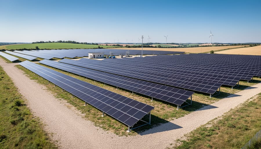 Operational utility-scale solar farm with rows of panels under blue sky