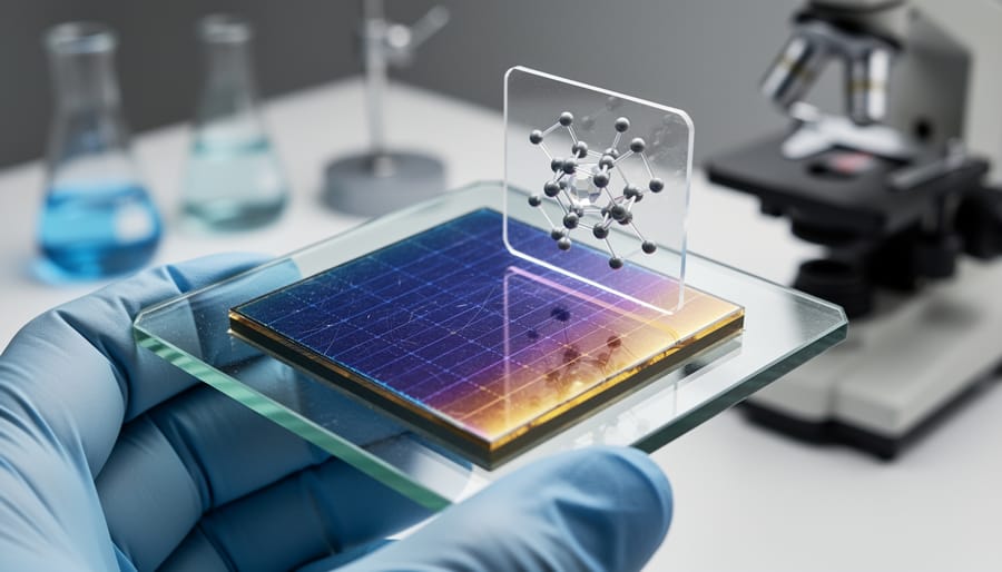 Close-up of perovskite solar cell material showing its semi-transparent crystalline structure