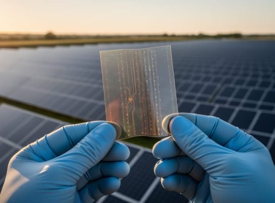 Gloved hands hold a thin, flexible perovskite solar cell sheet in sharp focus, with a field of rigid crystalline silicon panels blurred in the background under warm daylight.