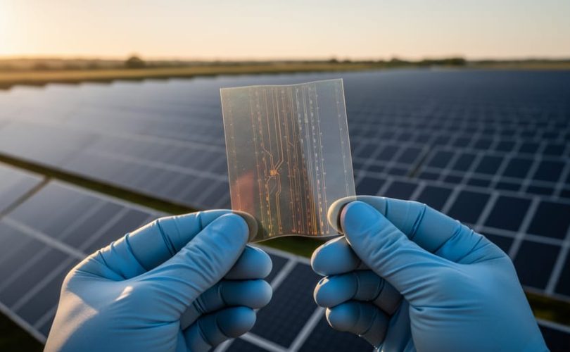 Gloved hands hold a thin, flexible perovskite solar cell sheet in sharp focus, with a field of rigid crystalline silicon panels blurred in the background under warm daylight.