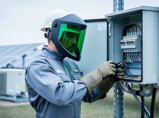 Solar technician in arc-rated suit with green face shield and insulated gloves inspecting an electrical combiner box at a ground-mounted photovoltaic array, under soft overcast light, with blurred rows of panels and an inverter skid in the background.