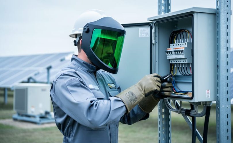 Solar technician in arc-rated suit with green face shield and insulated gloves inspecting an electrical combiner box at a ground-mounted photovoltaic array, under soft overcast light, with blurred rows of panels and an inverter skid in the background.