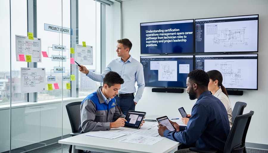 Solar operations supervisor leading team discussion on rooftop installation