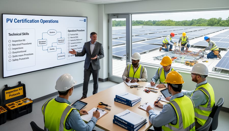Solar technician reviewing documentation at commercial solar installation site