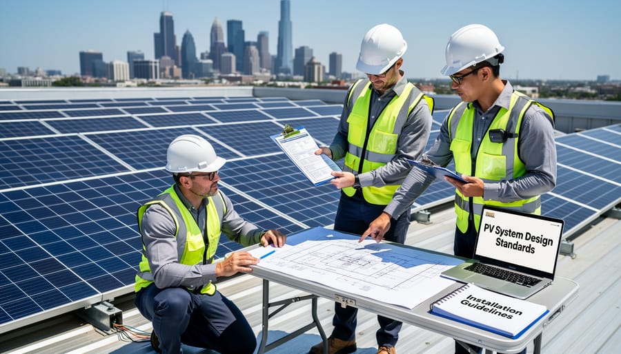 Solar technician reviewing documentation while inspecting commercial rooftop photovoltaic installation