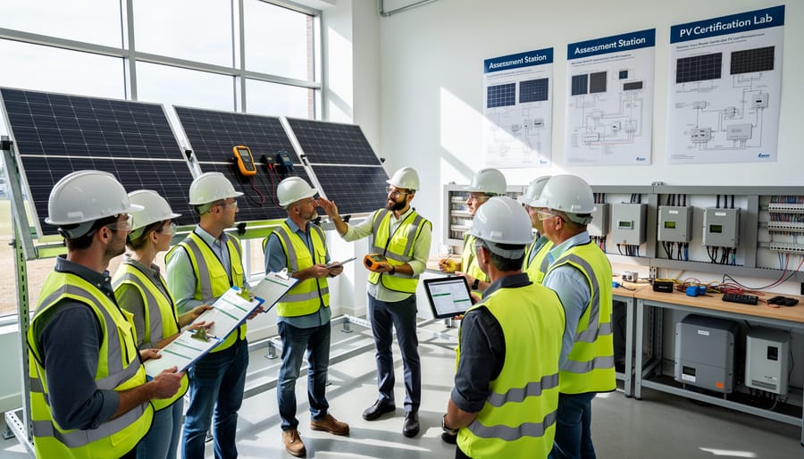 Trainees conducting practical solar panel assessment during certification training