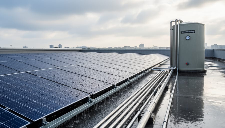 Solar farm with integrated rainwater collection system and native vegetation