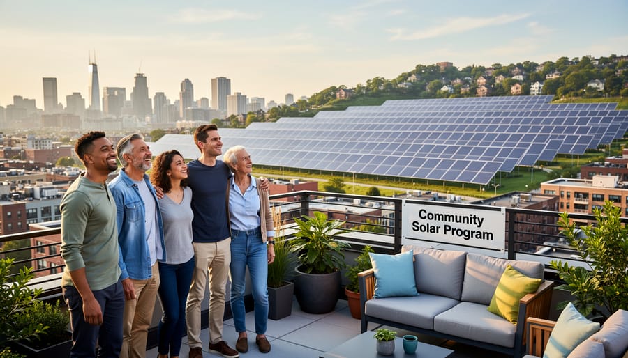 Diverse apartment residents viewing community solar installation from their building