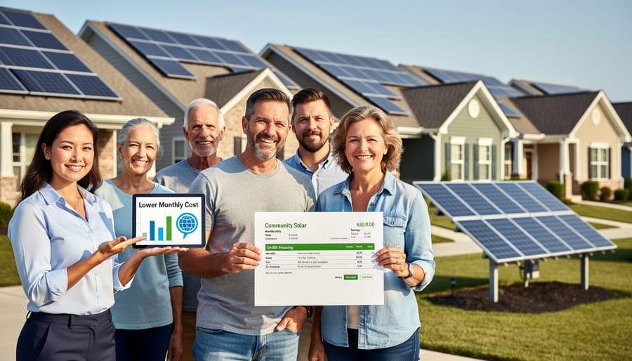 Family standing in front of home with rooftop solar panel installation