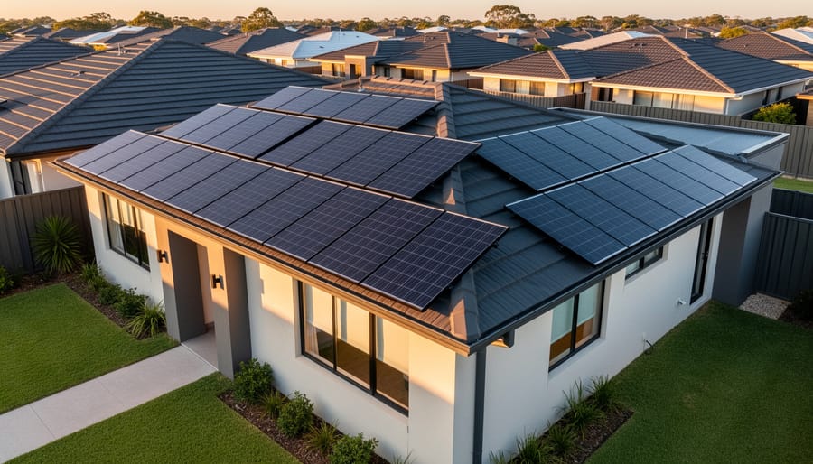 Modern home with black solar panels installed on residential rooftop