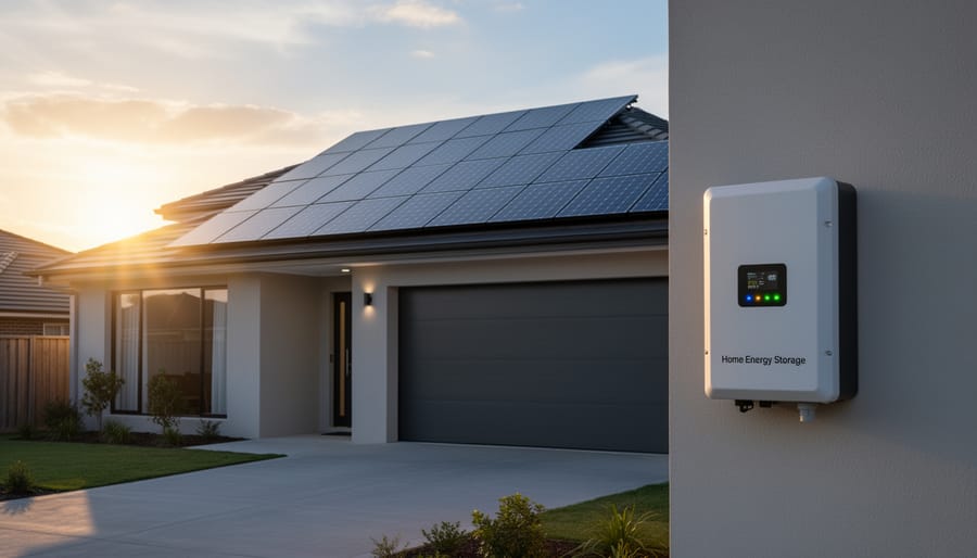 Solar panel array on residential rooftop at sunset