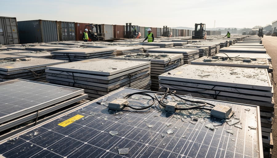Stack of retired solar panels showing wear and aging at recycling facility