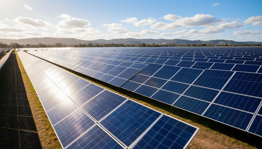 Close-up of crystalline silicon solar panel cells showing grid pattern and metallic connections