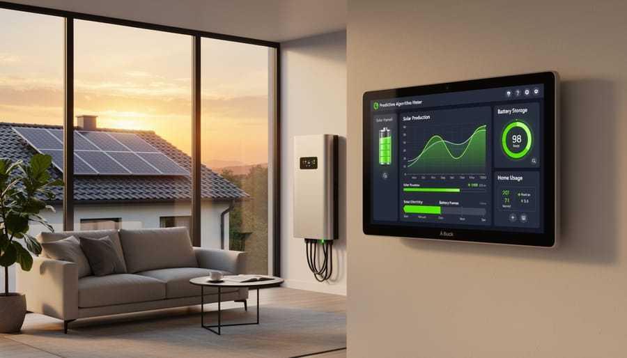 Smartphone showing solar energy monitoring app with battery storage system in background