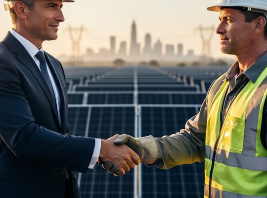 Financier in a suit shaking hands with a hard-hat engineer at a large solar farm at golden hour, with blurred photovoltaic rows, transmission towers, and a distant city skyline in the background.