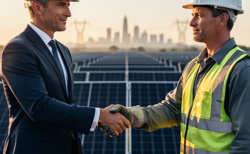 Financier in a suit shaking hands with a hard-hat engineer at a large solar farm at golden hour, with blurred photovoltaic rows, transmission towers, and a distant city skyline in the background.