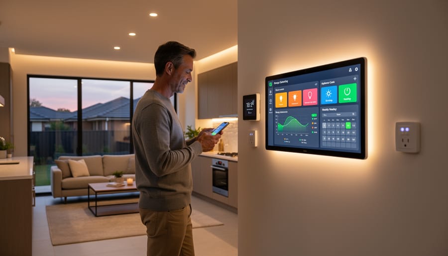 Person adjusting smart home climate control panel on interior wall