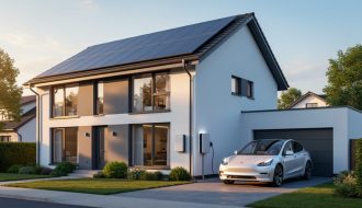 Contemporary house with rooftop solar panels, wall-mounted home battery, and an electric car charging in the driveway at golden hour, viewed from a three-quarter eye-level angle with softly blurred trees and sky in the background.