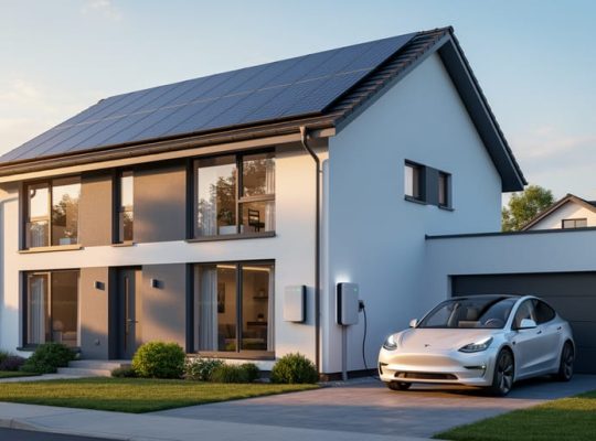 Contemporary house with rooftop solar panels, wall-mounted home battery, and an electric car charging in the driveway at golden hour, viewed from a three-quarter eye-level angle with softly blurred trees and sky in the background.