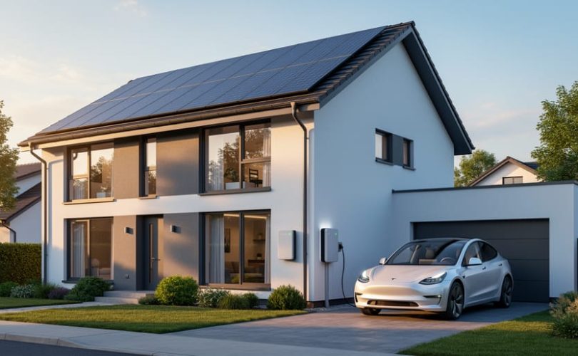 Contemporary house with rooftop solar panels, wall-mounted home battery, and an electric car charging in the driveway at golden hour, viewed from a three-quarter eye-level angle with softly blurred trees and sky in the background.