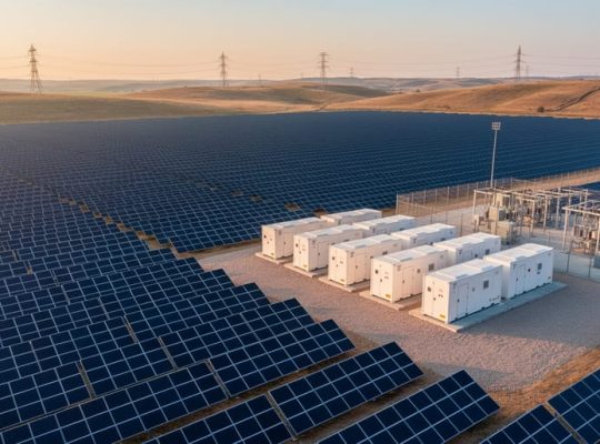 Drone view of utility-scale solar panels next to white battery storage containers and a substation at golden hour, with transmission lines and rolling hills in the background.
