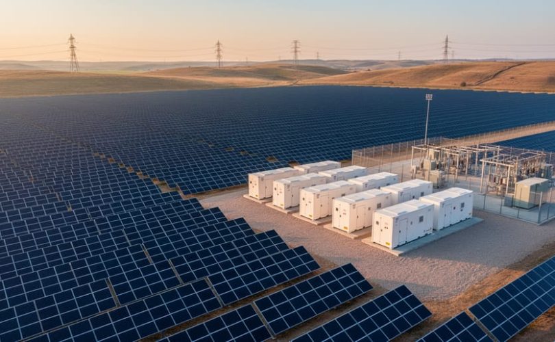 Drone view of utility-scale solar panels next to white battery storage containers and a substation at golden hour, with transmission lines and rolling hills in the background.