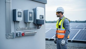 Solar installer checking inverters, combiner boxes, disconnect switches, conduit, and grounding on an exterior equipment wall, with a rooftop solar array softly blurred in the background.