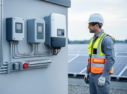 Solar installer checking inverters, combiner boxes, disconnect switches, conduit, and grounding on an exterior equipment wall, with a rooftop solar array softly blurred in the background.