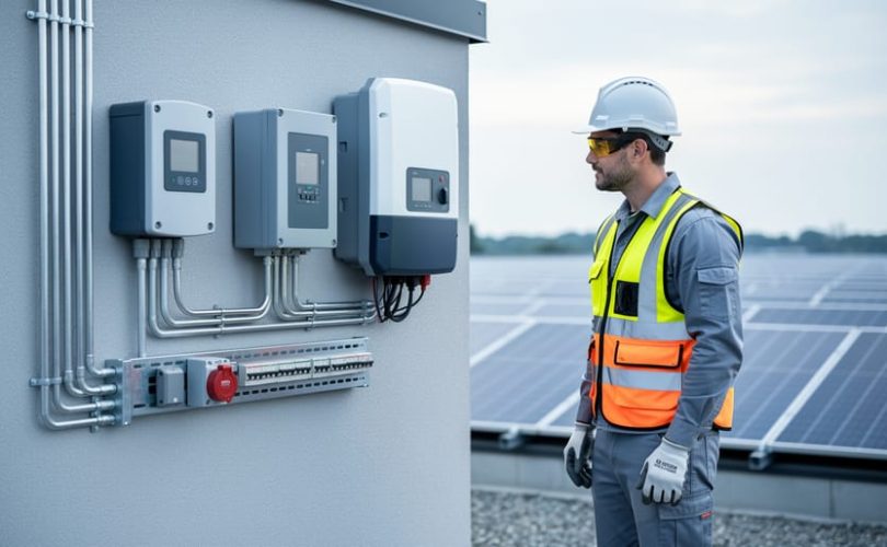 Solar installer checking inverters, combiner boxes, disconnect switches, conduit, and grounding on an exterior equipment wall, with a rooftop solar array softly blurred in the background.
