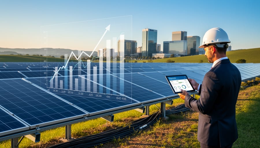 Solar panel array on commercial rooftop with financial district buildings in background