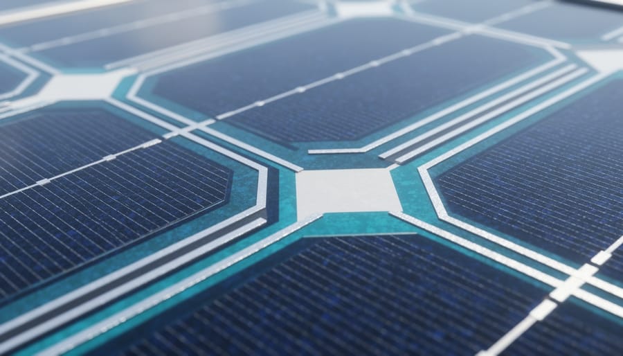 Extreme close-up of solar panel photovoltaic cells showing crystalline silicon surface and metallic conductors