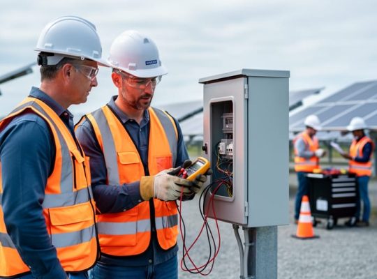 Instructor in hard hat and safety vest showing a trainee how to use a multimeter at a photovoltaic combiner box beside ground-mounted solar panels in a training facility, with PPE and tools visible and other trainees practicing in the blurred background.