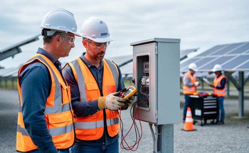 Instructor in hard hat and safety vest showing a trainee how to use a multimeter at a photovoltaic combiner box beside ground-mounted solar panels in a training facility, with PPE and tools visible and other trainees practicing in the blurred background.