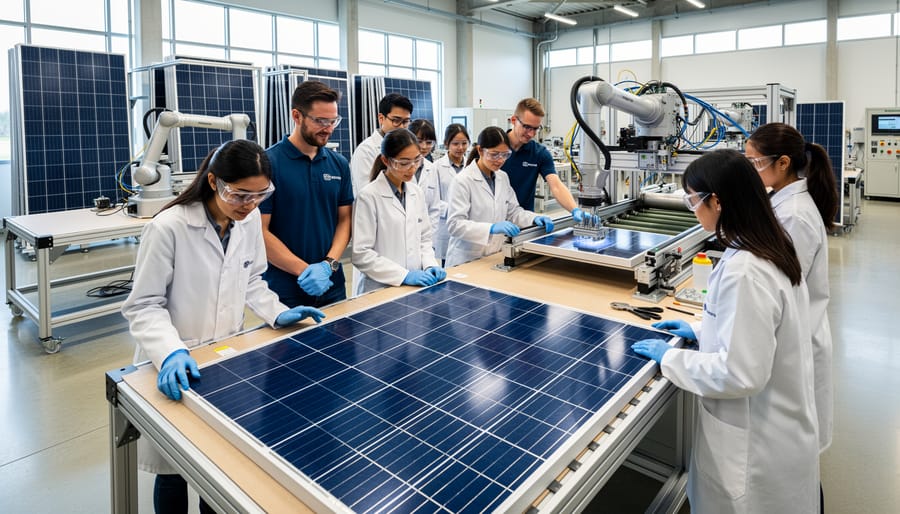 Engineering students and instructor working with solar panel equipment in university laboratory setting