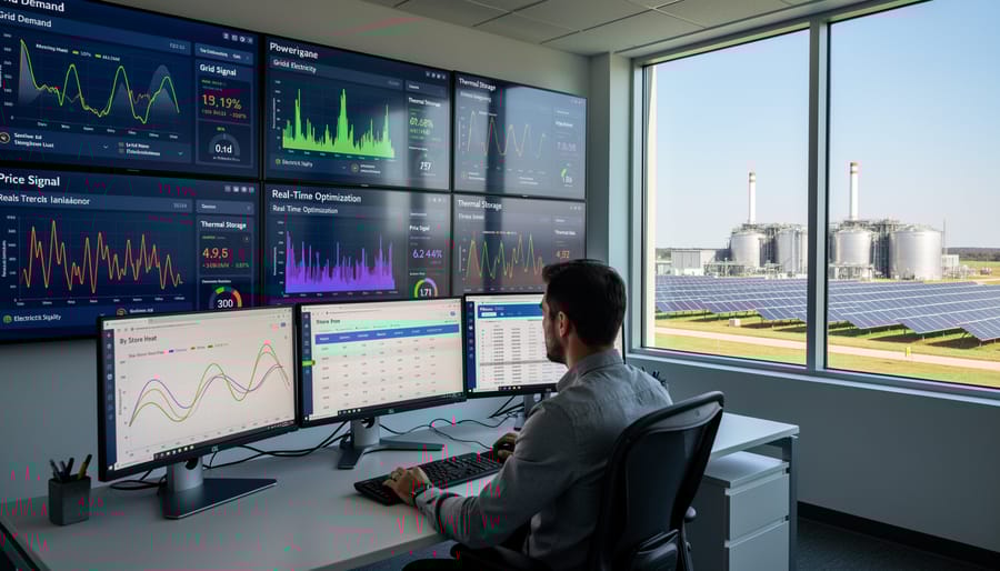 Control room operator managing solar power system dispatch and storage scheduling