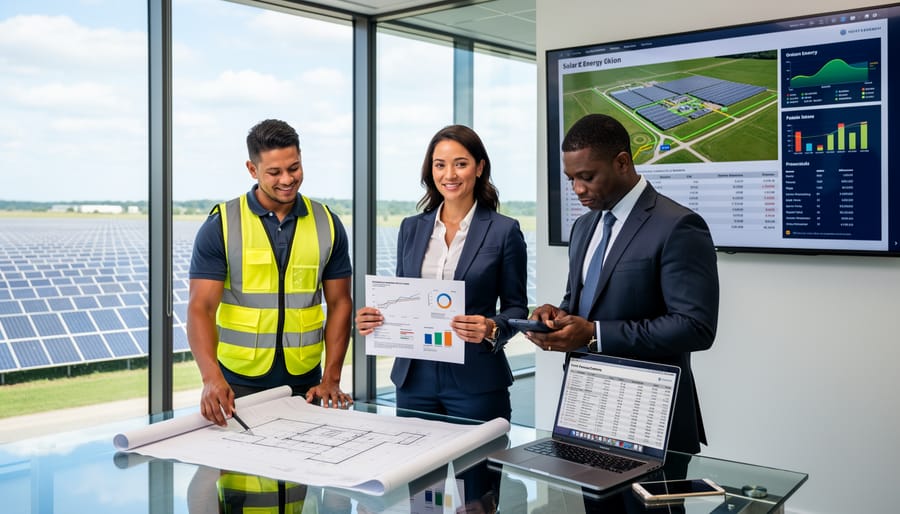 Engineering team reviewing plans at solar installation site with tablet