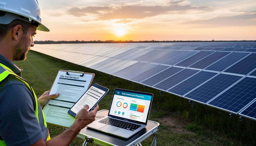 Aerial view of large-scale commercial solar farm with rows of photovoltaic panels in desert landscape