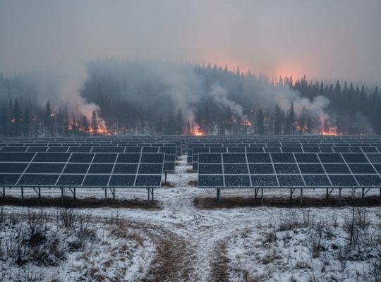 Ground-mounted solar panels under a gray, smoky sky with a thin layer of ash on the glass; behind them, a snow-patched conifer forest releases faint smoldering smoke.