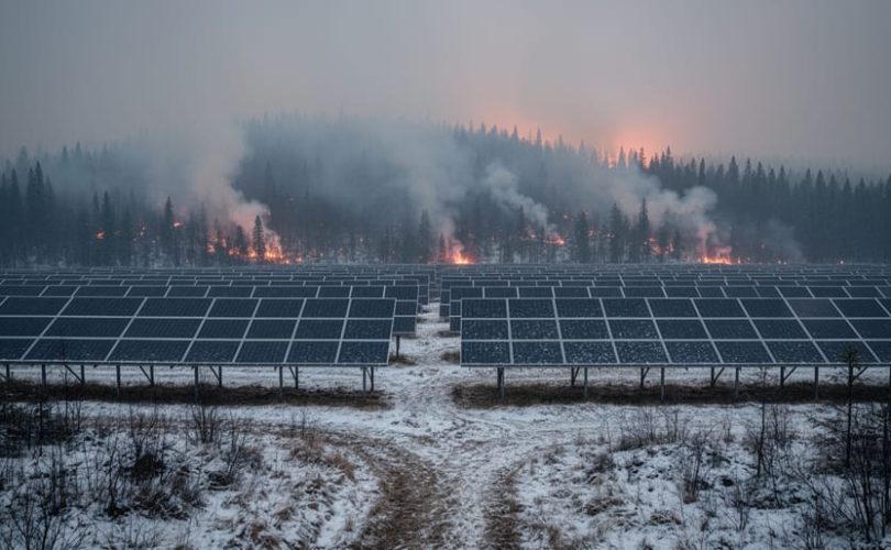 Ground-mounted solar panels under a gray, smoky sky with a thin layer of ash on the glass; behind them, a snow-patched conifer forest releases faint smoldering smoke.